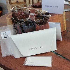 Michael Kors Cheynne Light Gold Aviator Sunglasses, Logo Lens, OMK1109 1014/E